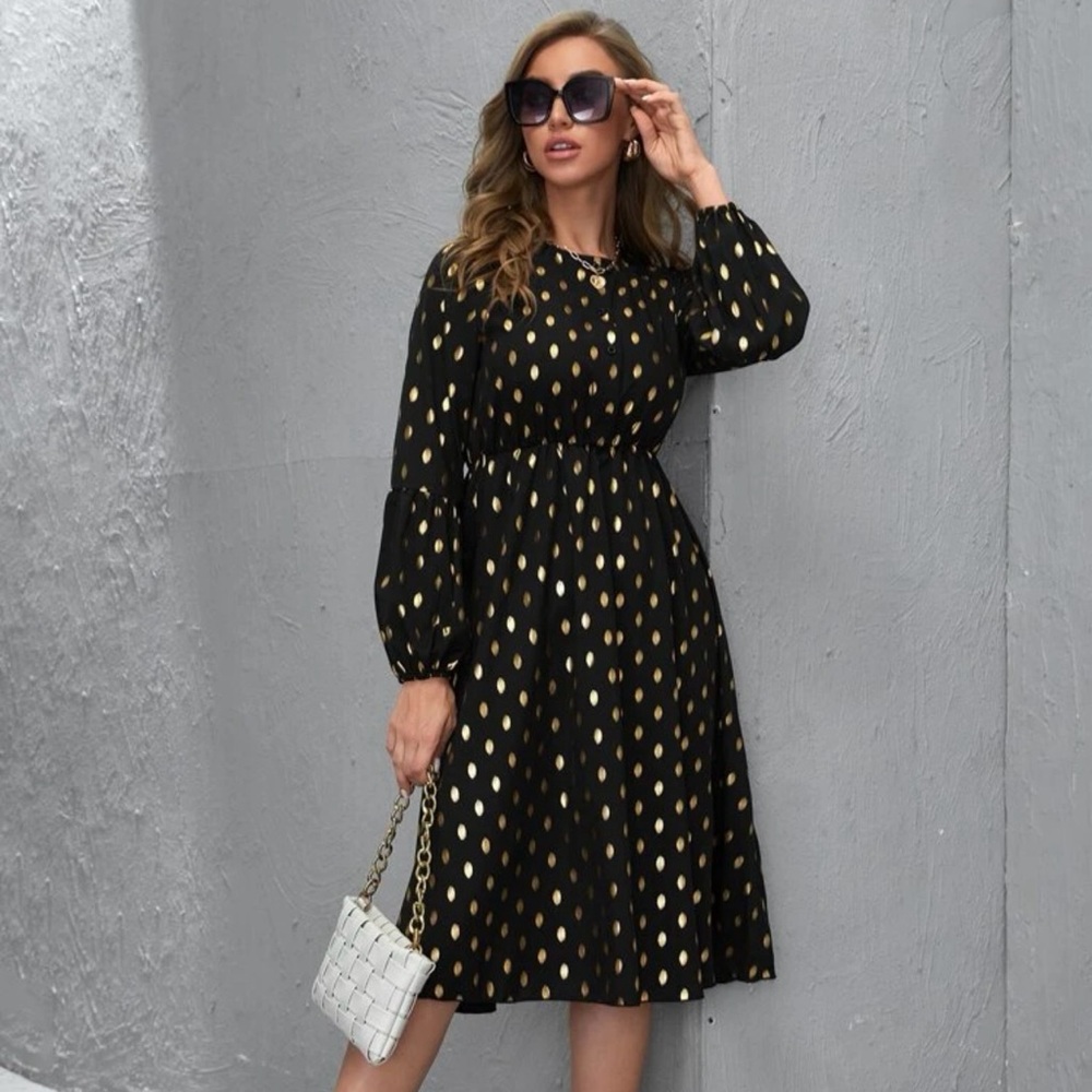 Shein Black & Gold Midi Dress S